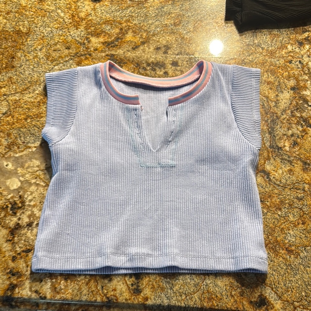Blue and Pink Short Sleeve Tee with Split V-Neck
